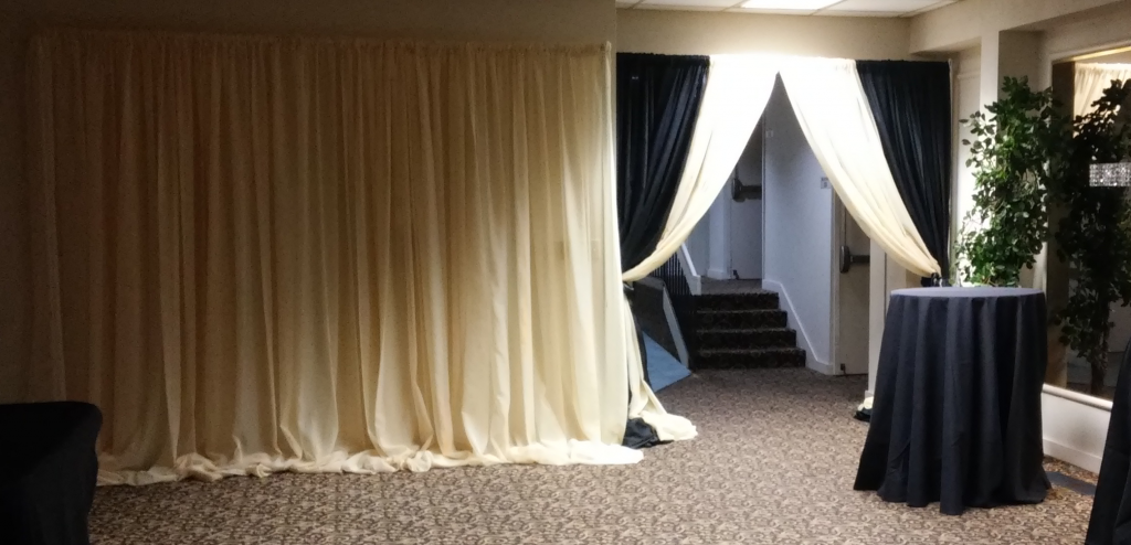 Wedding entryway drapes, champagne, black, lake of the ozarks